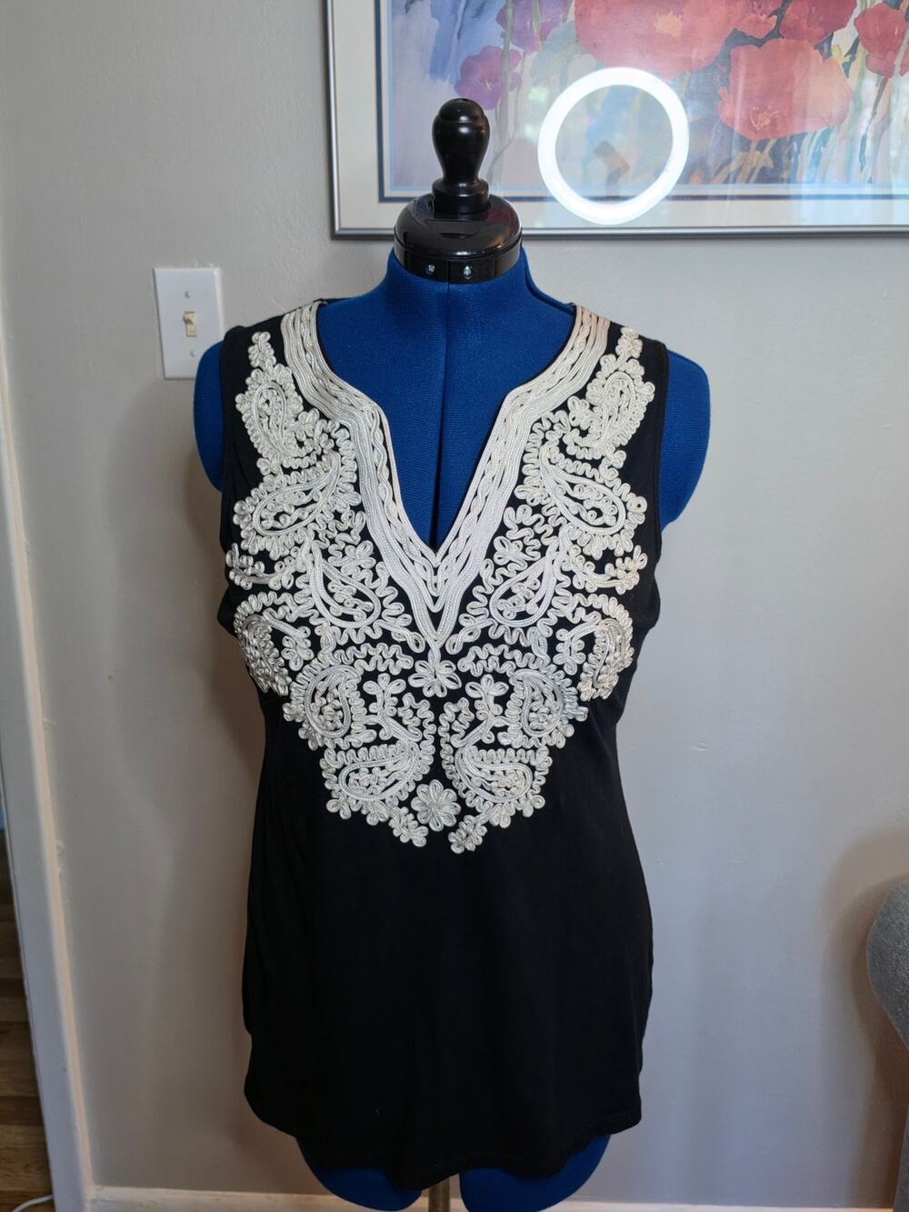 INC International Concepts Petite Black Soutache Embroidered Tank Top PL